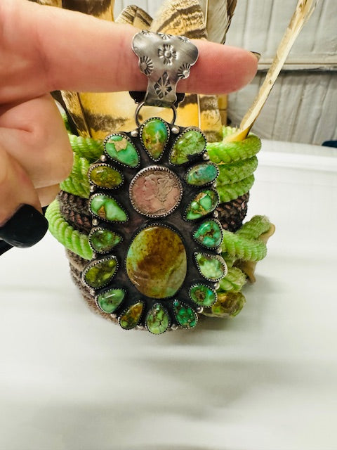 Navajo Handmade Sterling Silver Royston Turquoise Liberty Dime Coin Pendant